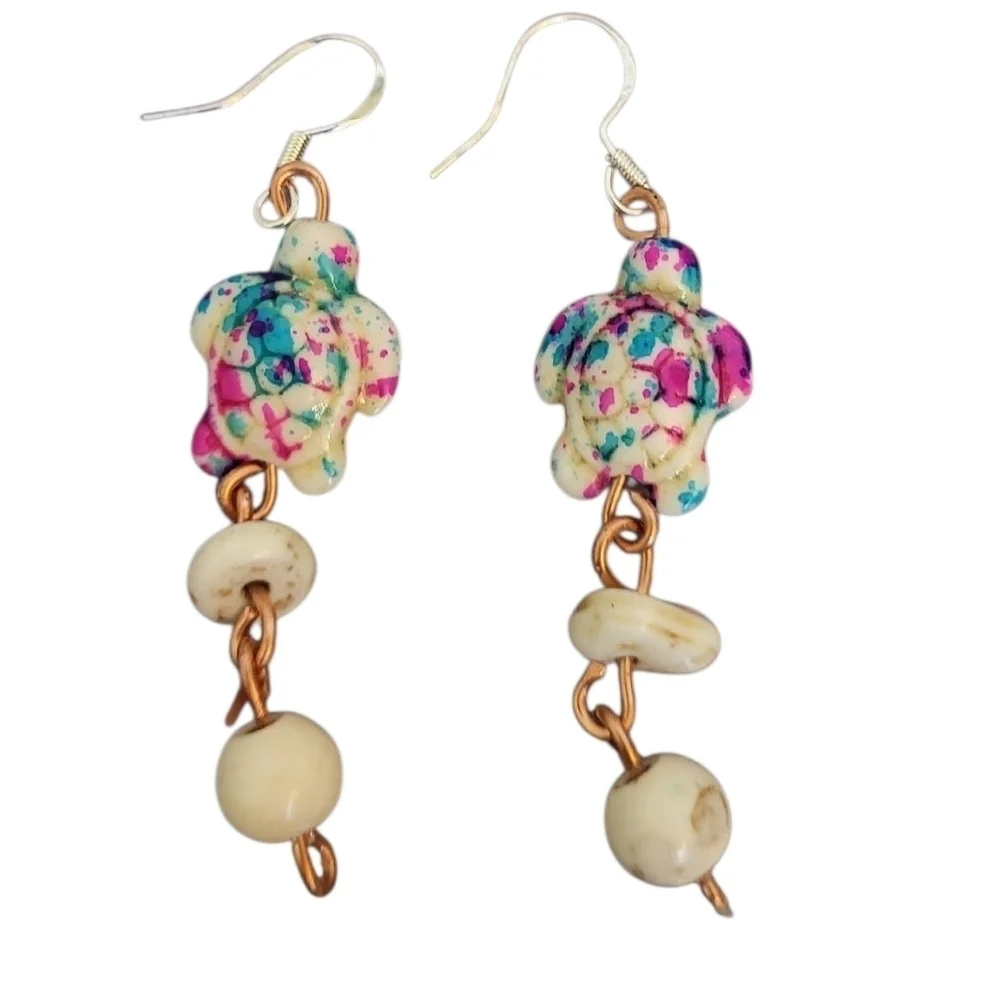 Colorful Pink Blue White Turquoise Turtle Dangle Earrings